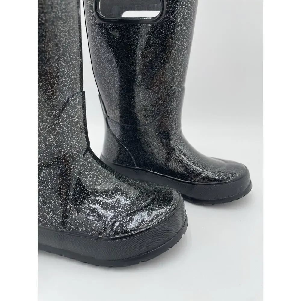 Bogs K NBT Glitter Boots Kids Size 11 Black Waterproof Rain Pull On Mid Calf